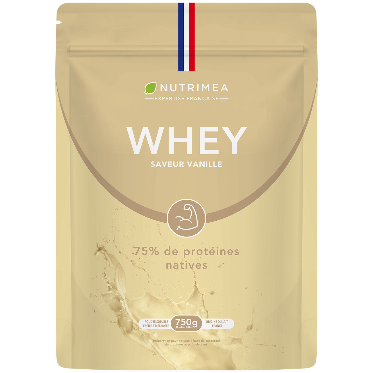 Weißer Boden des Beutels Whey Protein Vanillegeschmack.