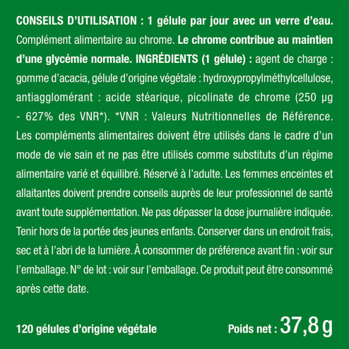 Posologie et étiquette du complément alimentaire Chrome de Nutrimea