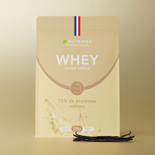 Sfondo bianco della bustina di proteine Whey al gusto vaniglia