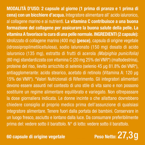 Foto dell'etichetta dell'integratore acido ialuronico e collagene marino di Nutrimea