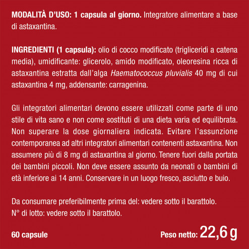 Etichetta ingredienti e benefici di Astaxantina Integratore