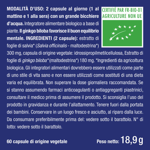 Etichetta integratore di Ginkgo Biloba per le funzioni cognitive