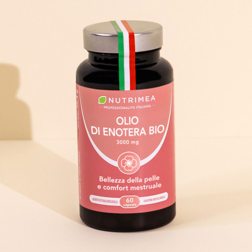 Olio di Enotera Bio Nutrimea: confezione da 120 capsule molli per la salute della pelle e il comfort mestruale.