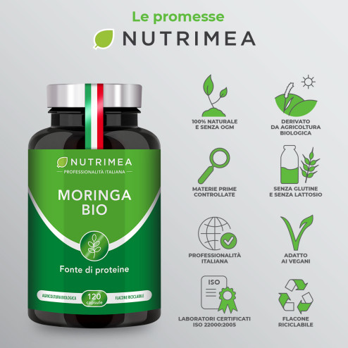 Moringa superfood ricca di proteine vegetali come integratore alimentare in capsule