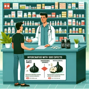 Pharmacien expliquant au patient les effets secondaires de l'ail noir