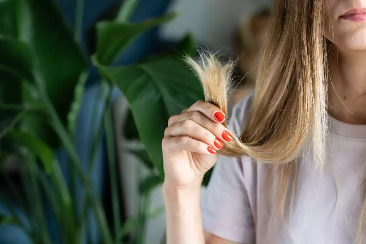 Jeune femme blonde ayant les cheveux abîmés