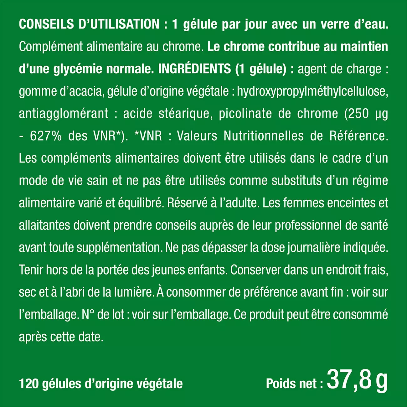 Posologie et étiquette du complément alimentaire Chrome de Nutrimea