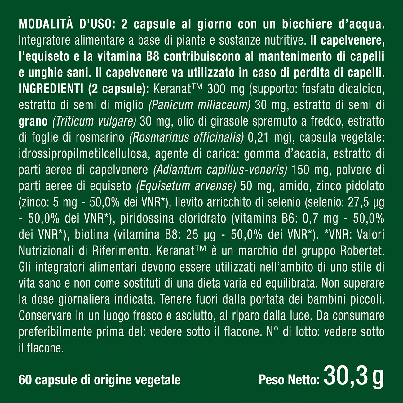 Etichetta ingredienti dell'integratore alimentare naturale per capelli contro la caduta