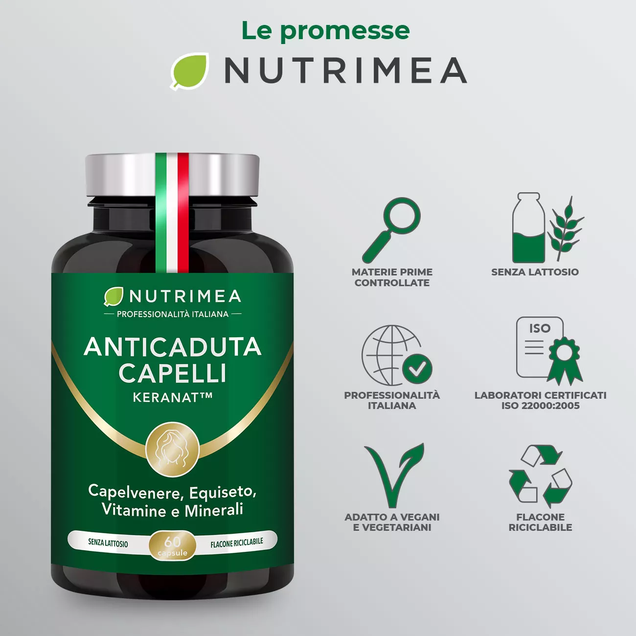 Promesse Nutrimea sull'integratore anticaduta capelli senza glutine e lattosio