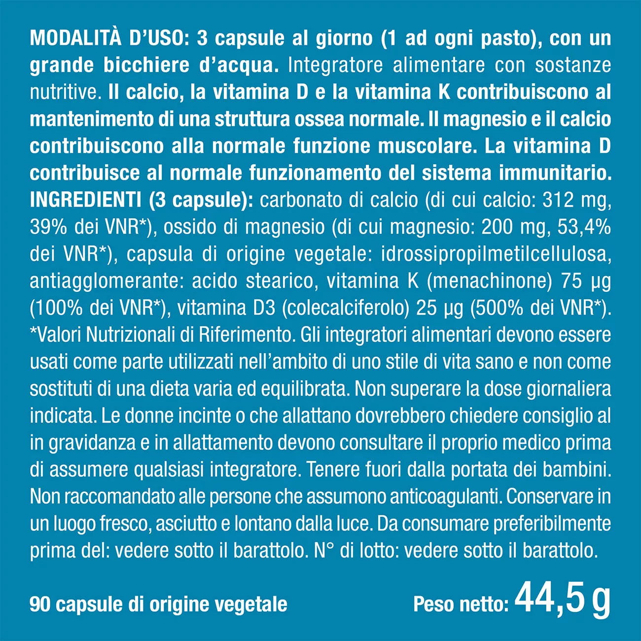 Etichetta ingredienti dell'Integratore di calcio e vitamina D