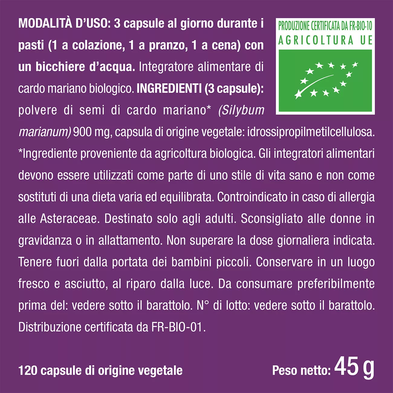 Etichetta ingredienti e effetti collaterali integratore cardo mariano