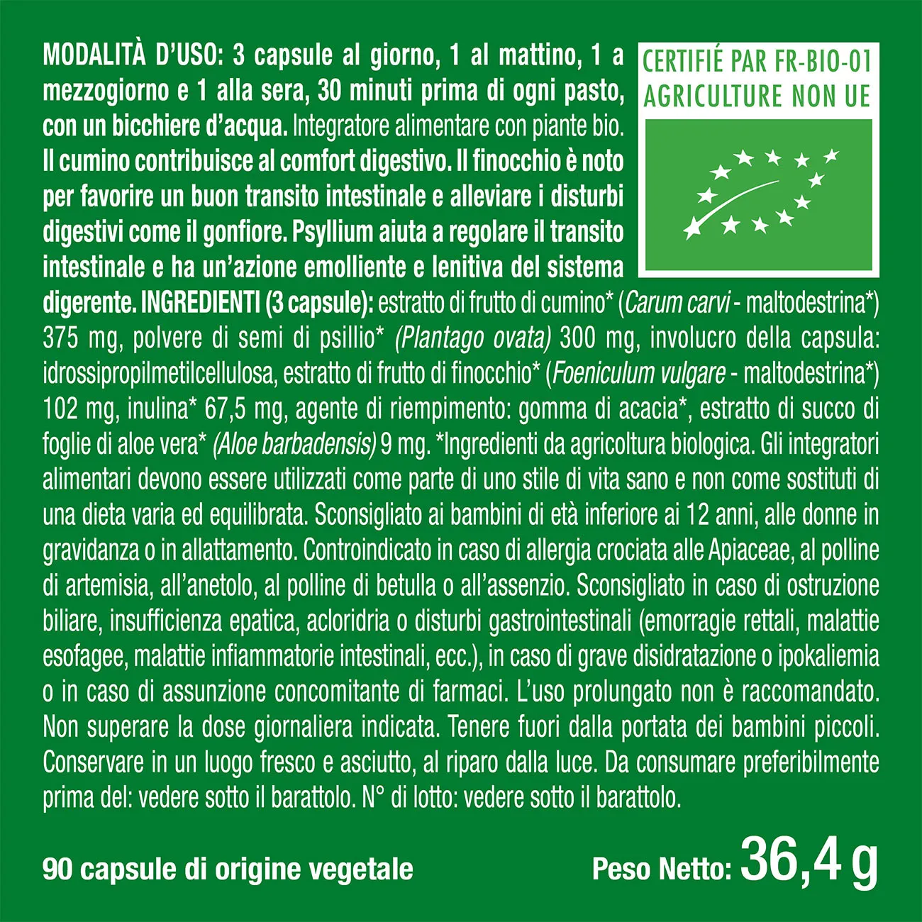 Integratore di psillio, finocchio, cumino e inulina per stipsi