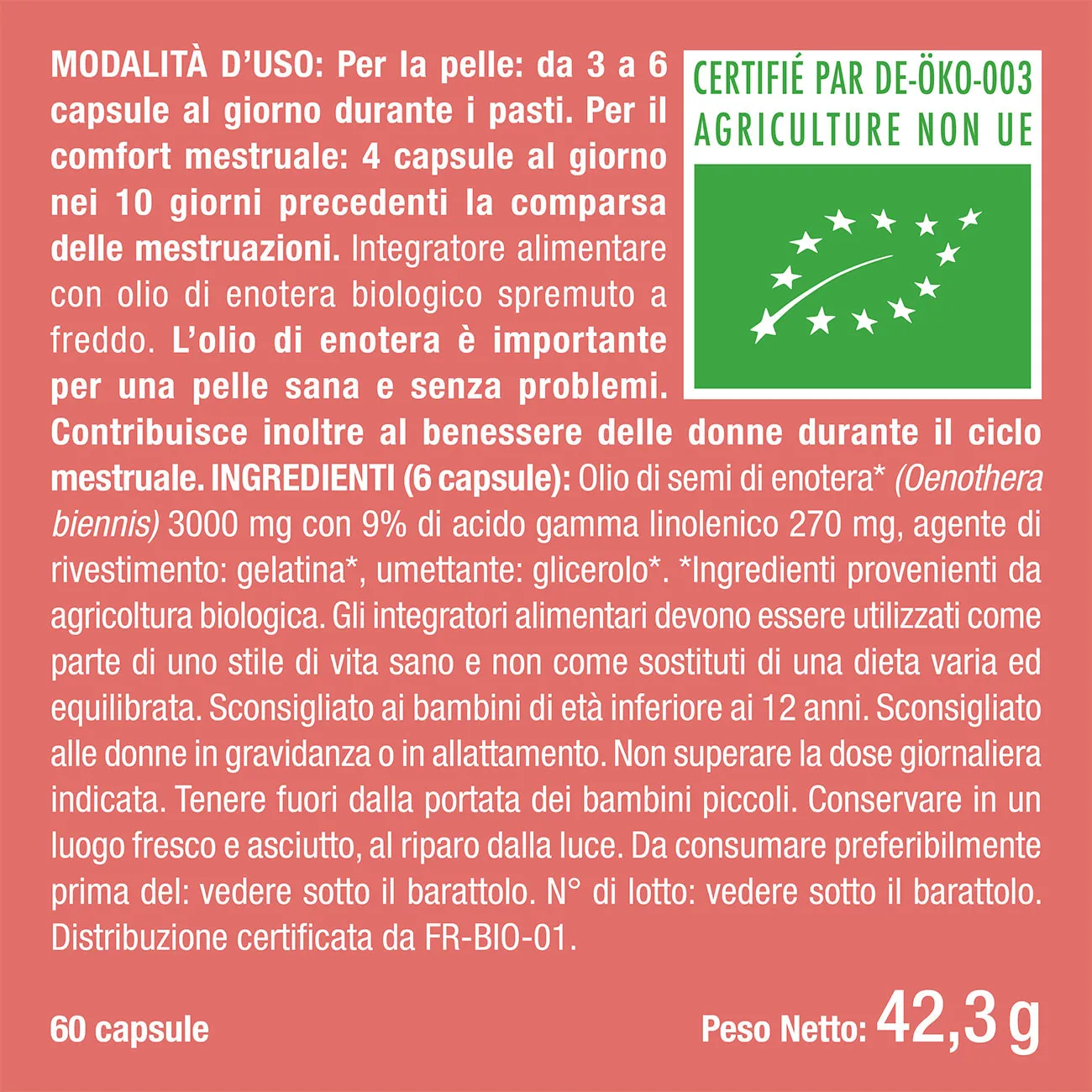 Zoom sull'etichetta dell'Olio di Enotera Bio Nutrimea: certificazione biologica e ingredienti di qualità premium